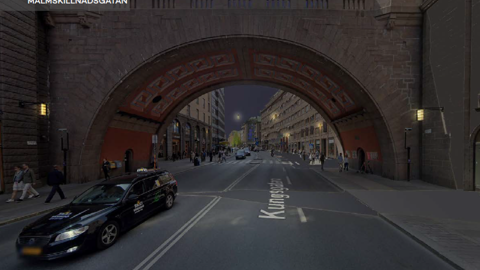 Kungsgatan med bro utan belysning, taxibil som kör, människor som promenerar, illustration.
